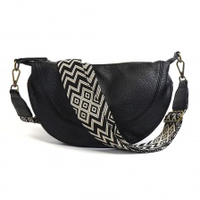 Black Vegan Leather Half Moon Bag with Zig Zag Webbing Strap by Peace of Mind